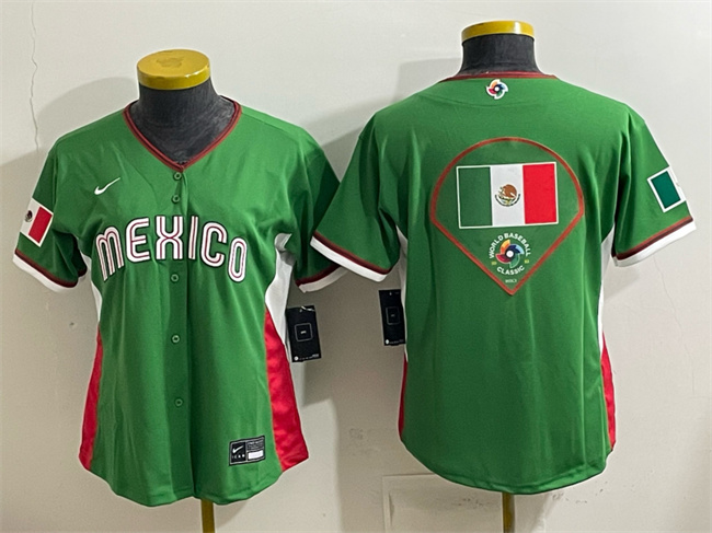Women's Mexico Baseball Green 2026 World Baseball Classic Big Logo Stadium Stitched Baseball Jersey(Run Small) Women's Mexico Baseball Green 2026 World Baseball Classic Big Logo Stadium Stitched Baseball Jersey(Run Small)